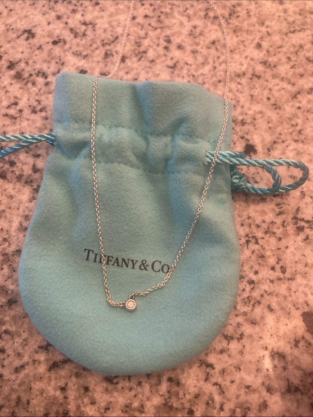 Tiffany & Co. Silver Bezel Solitaire Necklace - Blue Green Pouch